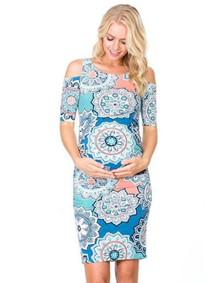 Maternity Printed Cold Shoulder Round-neck Mini Dress