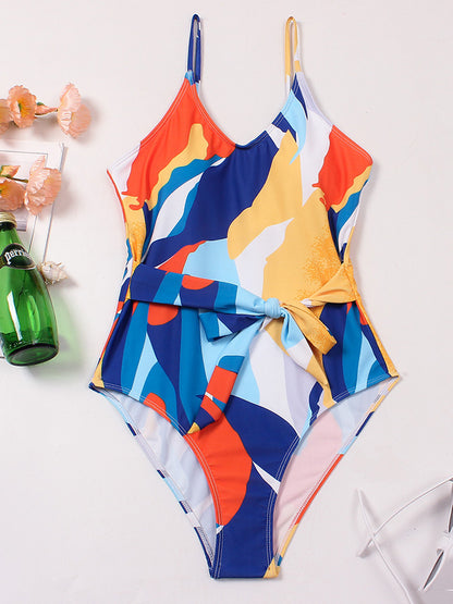 Printed Lace-Up One-Piece Swimsuit