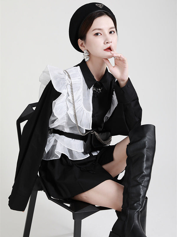 Stylish Irregular Contrast Color Split-Joint Falbala Mesh Drawstring Buttoned Lapel Collar Long Sleeves Blouse