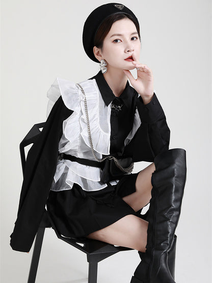 Stylish Irregular Contrast Color Split-Joint Falbala Mesh Drawstring Buttoned Lapel Collar Long Sleeves Blouse
