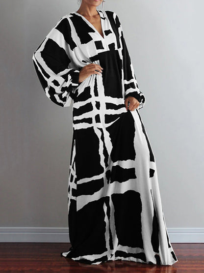 Original Casual Printed Color-Block V-Neck Batwing Sleeves Maxi Dress