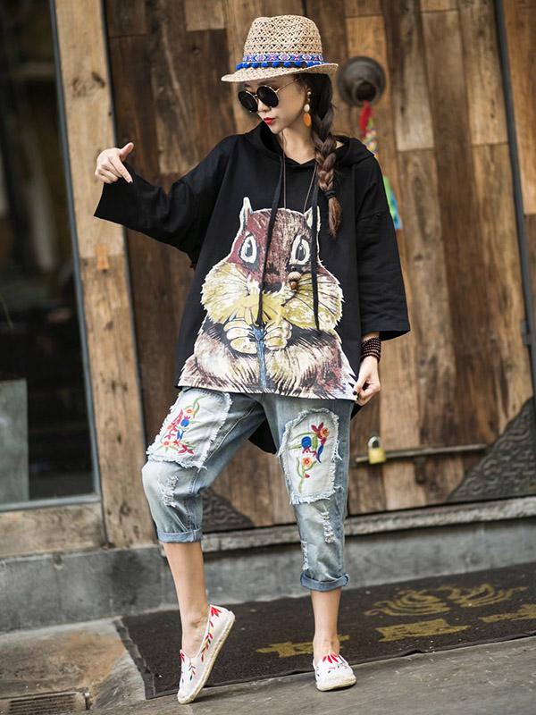 Loose Vintage Squirrel Print Hoodies
