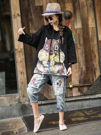 Loose Vintage Squirrel Print Hoodies