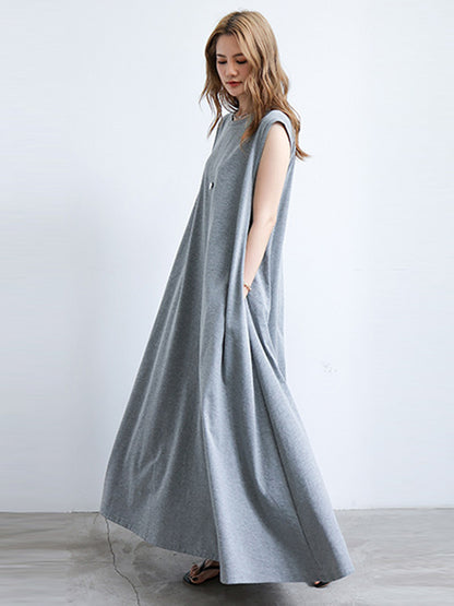 Simple Solid Color Oversized A-Line Round-Neck Cap Sleeves Maxi Dress