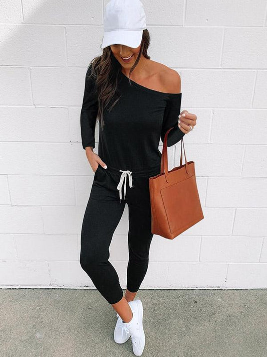 Solid Color Long Sleeves Off-The-Shoulder Jumpsuits