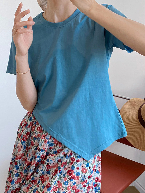 Casual Solid Color Asymmetric Round-Neck Short Sleeves T-Shirt