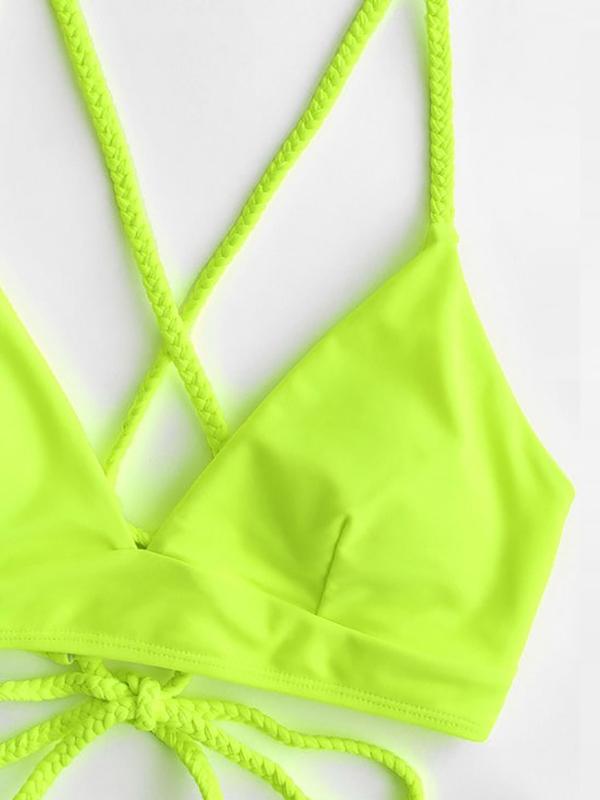 Solid Color Backless Bandage Split Bikini Swimsuit