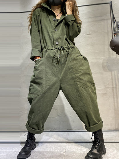 Fashion Long Sleeves Lapel Solid Color Jumpsuits
