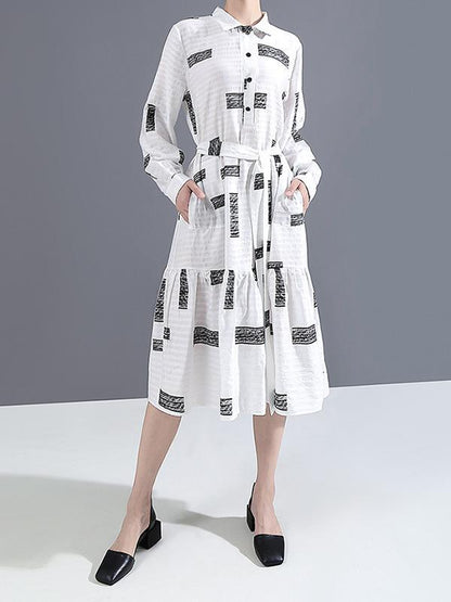 Lapel Collar Long Sleeve Loose Style Printed Belted Dress