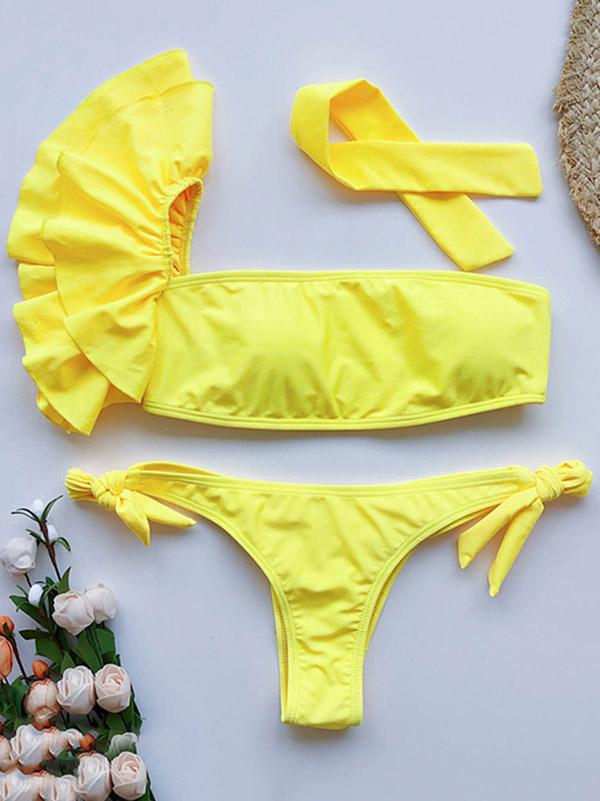 Strapless One-Shoulder Falbala Bandage Bikini Swimsuit