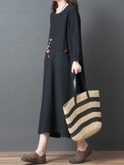 Red&Black Loose Round-neck Ramie Cotton Linen Dress