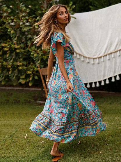 Bohemia V-neck Printed Beach Maxi Dresses