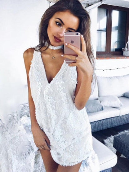Fashion V-neck Lace Mini Dress
