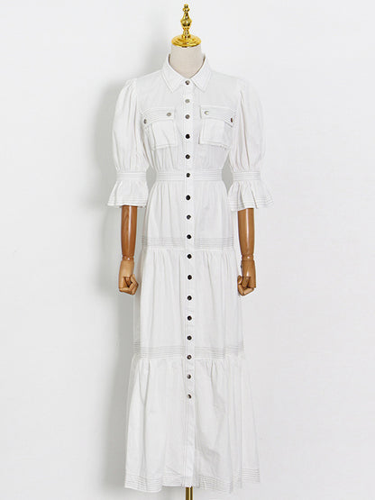 Original Lapel Split-Joint Buttoned Bishop Sleeve Maxi Dress