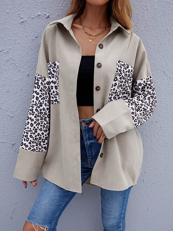 Casual Split-Joint Leopard Buttoned Lapel Collar Long Sleeves Blouse Outwear