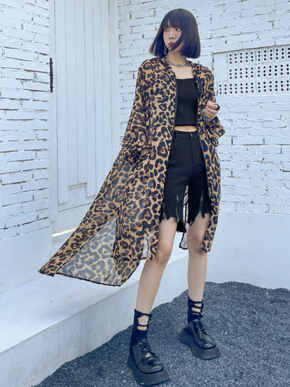 Original Leopard Zipper Split-Side Hooded Long Sleeves Sun-Protection Outerwear