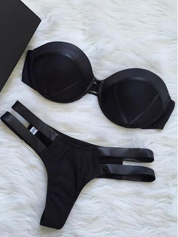 Plain Lace-up Balconette Bikini Swimsuit