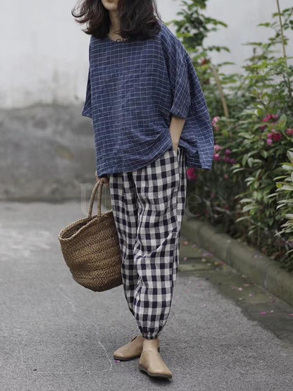 Retro Linen Plaid Casual Harem Pants