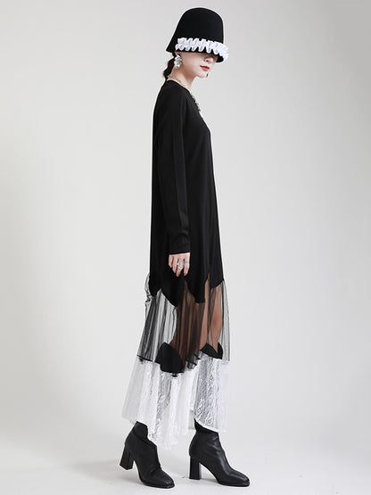 Stylish Original Split-Joint Embroidered Hollow Lace Round-Neck Long Sleeves Maxi Dress