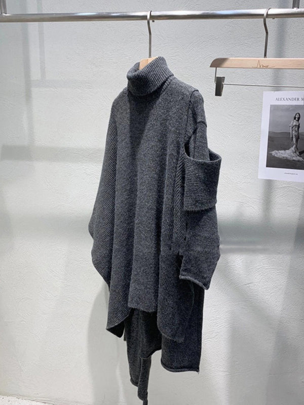 Solid Round-Neck Sweater Dresses And Irregularity Batwing Sleeves High-Neck Cape Set
