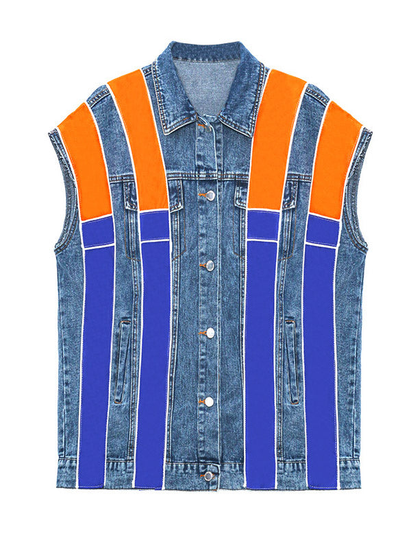 Stylish Split-Joint Striped Lapel Collar Sleeveless Denim Vest Outwear