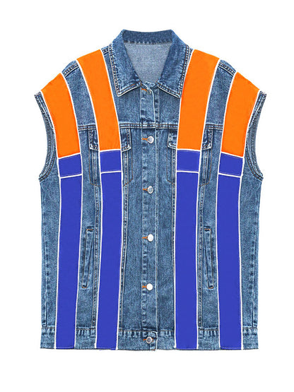 Stylish Split-Joint Striped Lapel Collar Sleeveless Denim Vest Outwear