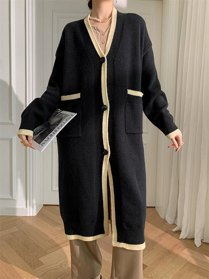 Stylish Loose Long Sleeves Split-Joint V-Neck With Pockets Cardigan Tops
