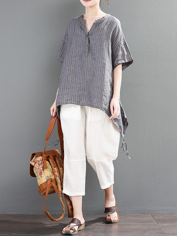 Loose Striped T-shirt + Solid Casual Pants Suits