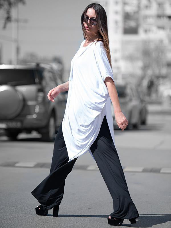 White Cropped Split Joint Batwing Sleeves T-Shirt Tops