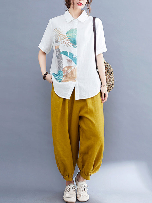 Original Leaves Printing Lapel Blouse