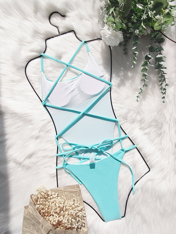 Sexy Solid Color Backless Bandage One-Piece Swimwear