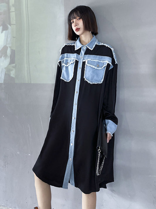 Original Stylish Loose Denim Split-Joint With Pocket Buttoned Lapel Collar Long Sleeves Midi Shirt Dress