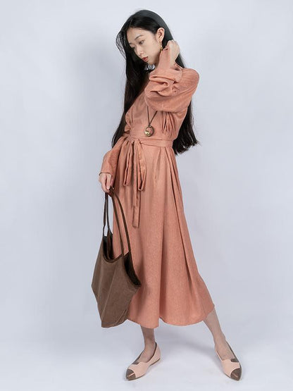 Tencel Flared Sleeves V-neck Lace-up Long Dress