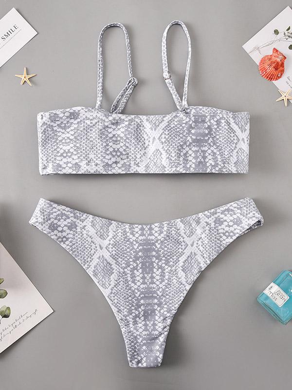 Snake-Print Knotted Bandeau Split Bikini Swimsuit