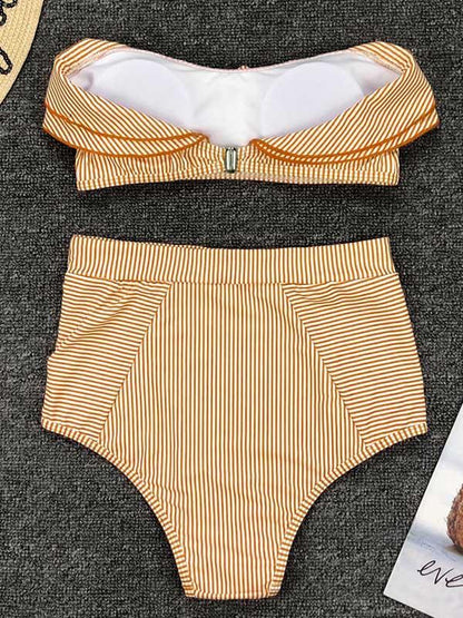 Striped Ruffled With High Waist Bikini Set