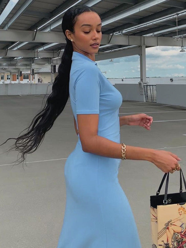 Simple Solid Color Lapel V-Neck Split-Front Midi Dress