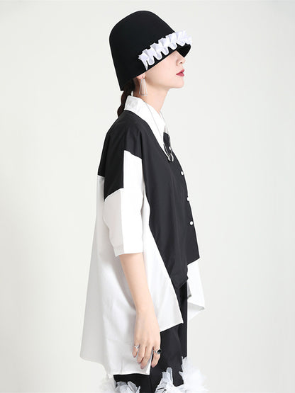 Urban Split-Joint Buttoned Asymmetric Lapel Blouses
