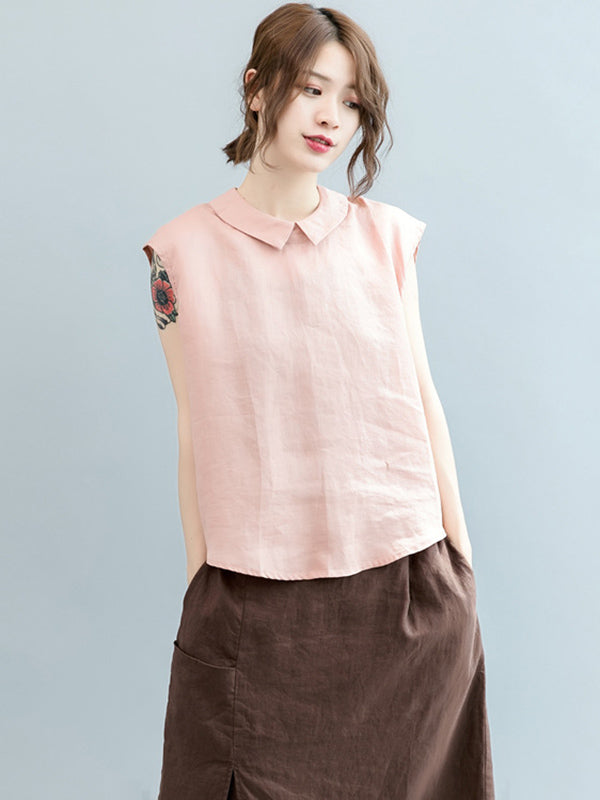 Simple Solid Color Lapel Cap Sleeve Vest Top