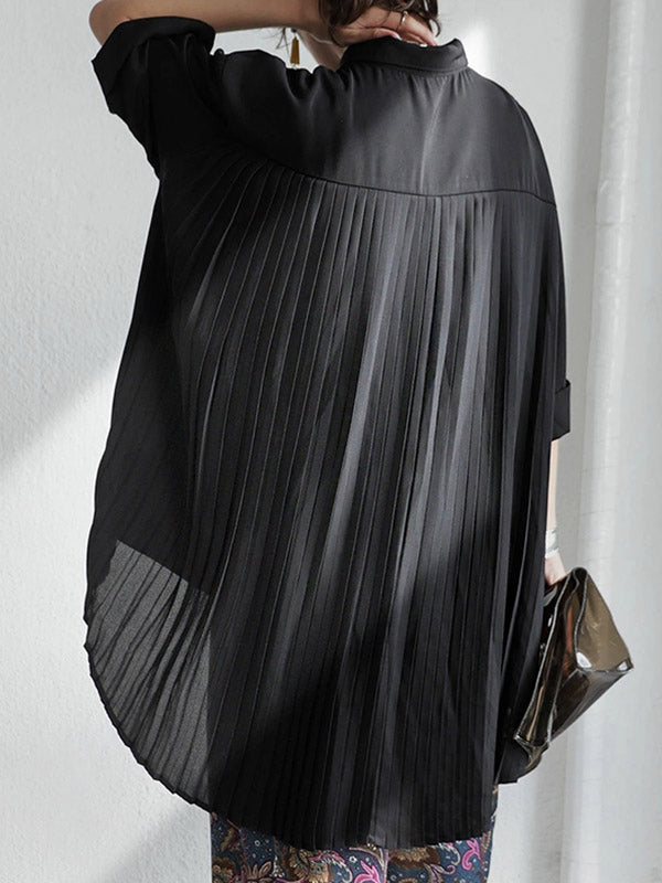 Stylish Solid Color High-Low Pleated Split-Joint Half Sleeves Blouse