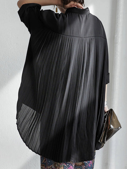 Stylish Solid Color High-Low Pleated Split-Joint Half Sleeves Blouse