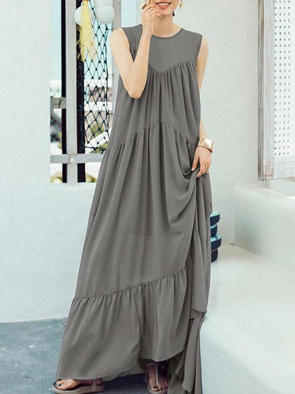 Gray Split-joint Ruffled Sleeveless Maxi Dress