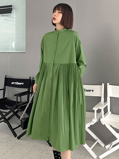 Simple Solid Color Pleated Stand Collar Midi Dress