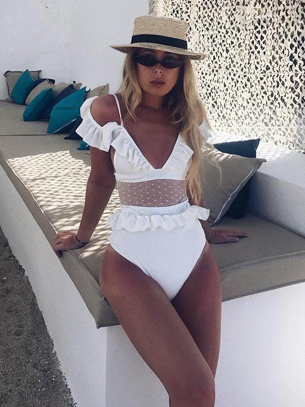 V-neck Falbala Gauze One-piece Swimwear