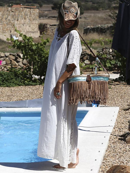 White Hollow Split-joint Maxi Dress
