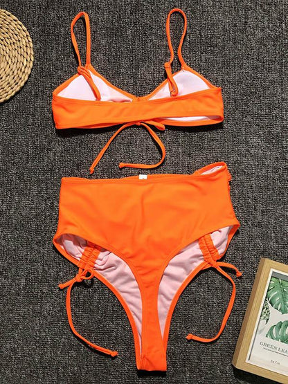 Solid Lace-Up Empire Bikini Swimsuit