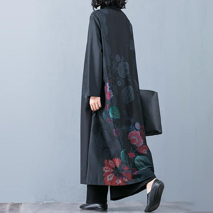 Buykud Floral Print O-Neck Casual Elegant Trench Coat