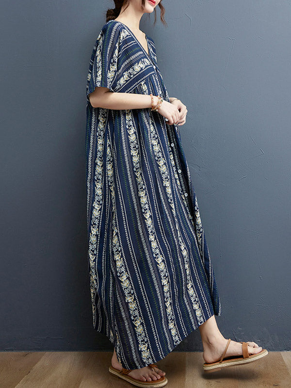 Floral Printed Casual V-Neck Buttoned Midi Dress