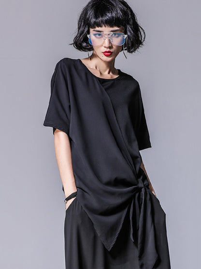 Asymmetrical Loose Round-Neck Modal And Chiffon T-Shirts Tops
