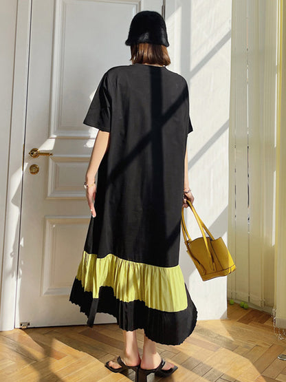 Original Split-Joint Pleats&Stripe Round-Neck Short Sleeve Midi Dress