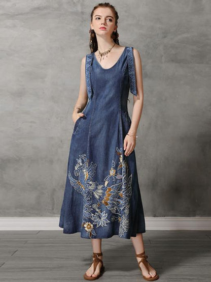 Original Retro Embroidered Hemline Denim Long Dress